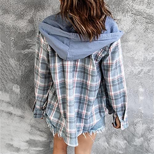 Bloco de colorido de outono feminino Plaid Shacket Jacket Button Button Down Doula Tops Camisetas de tamanho grande de inverno