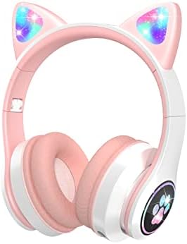 Fones de ouvido Vuykoo Kids com LED de microfone/RGB LED LED UP, fones de ouvido de ouvido de gato limitadores de volume de 94dB, fones de ouvido estéreo dobrável para crianças para crianças tablet/escola/iPad/smartphone