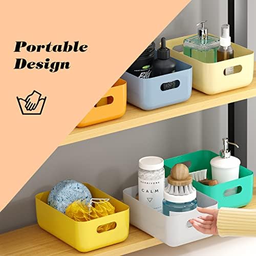 Lixeiras e cestas de armazenamento de plástico de 7 pacotes para organização doméstica eficiente - pequenos recipientes em várias cores para organizador de cozinha, armário e banheiro em prateleiras e banheiras