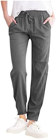 Calças de linho Zefotim para mulheres de perna larga com cintura larga Fit Palazzo calça casual Praia Trenda Trendy com bolsos