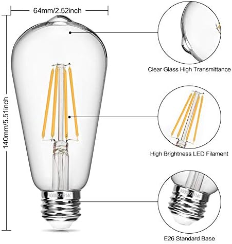 Bulbo de Edison LED vintage de Boncoo, lâmpada de filamento LED diminuído de LED 6W 3000k Branco branco ST64 LED antigo,