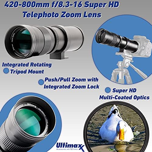 Ultimaxx 420-800mm f/8.3-16 Kit de lente de monte telefote manual T para Nikon D700, D750, D780, D800, D810, D850,