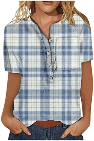 Mulheres xadrezas tampas de manga curta de verão casual t camisetas modernas tee impressa camiseta de decote de botão Henley Bloups