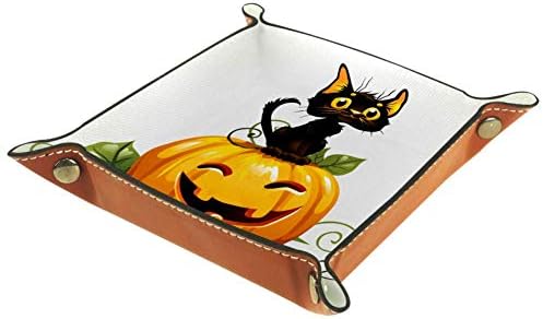 Bandejas de mesa do escritório Muooum, gato preto na abóbora de Halloween, bandeja de manobrista de couro caixas de sorda