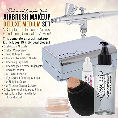 Belloccio Professional Beauty Deluxe Airbrush Sistema de maquiagem cosmética com 4 tons médios de fundação em garrafas de