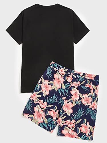 OSHHO Duas peças para homens Tropical Print Tee & Drawstring Caist Shorts