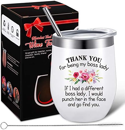 Presentes de novidade Boss Ogradeço por ser meu Boss Tumbler Aniversário Coffee Presentes de Caneca para Lady Mulheres Chefes Diretora, 12 oz Vacuum Wine Tumbler com tampa de palha e escova