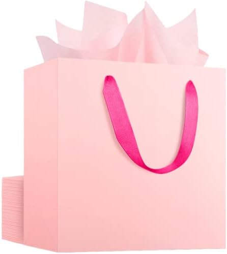 EUSOAR 20 Pack Pink Gift Sacors e 500 folhas embrulhando papel de seda 20x15, sacolas de compras com alças a granel, sacos de embrulho
