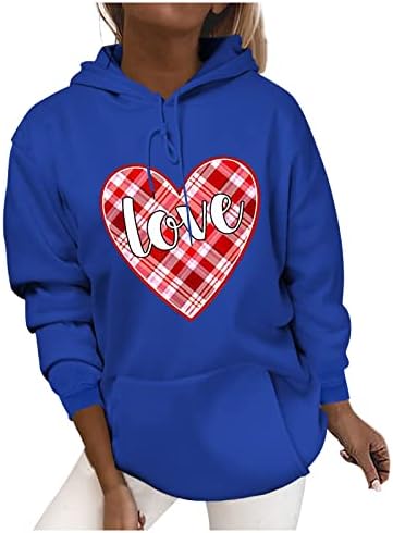 Camisas gráficas do coração xadrez de Buffalo para feminino Valentine Capuz do moletom de moletom de manga comprida com cordão