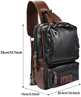 Mochila de esteira masculina, mochila de ombro de couro Crossbody PU com porta de carregamento USB, bolsa de peito vintage