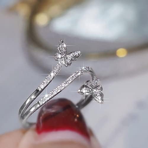 Anel de borboleta dupla de zircão prateado diamante noivado de casamento jóias de presente para mulheres forma de borboleta