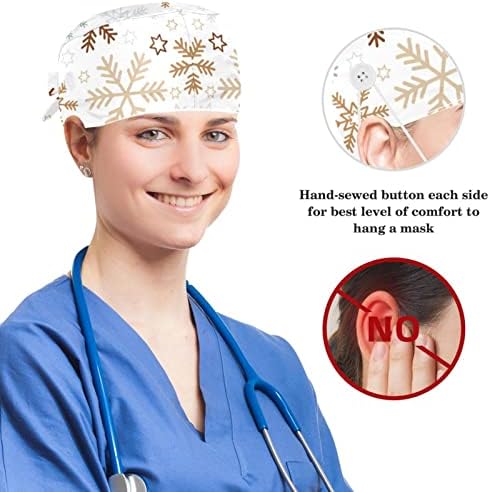 Chapéus cirúrgicos e conjunto de scrunchie de coelho, padrão de flocos de neve tampas de esfoliação ajustável com botão para