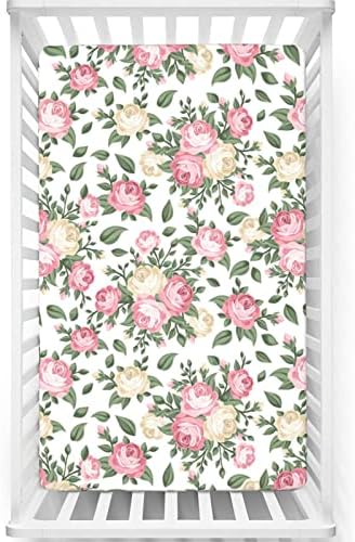 Folha de berço com tema de rosas, colchão de berço padrão Folha de colchão macio de colchão macio folhas de berço de babá para menina ou menino, 28 “x52“, creme verde rosa pálido