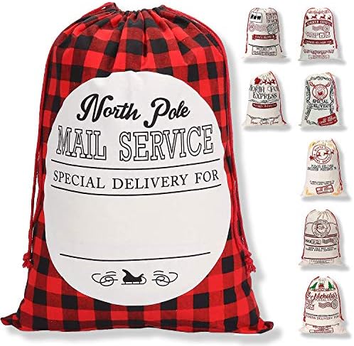Santa sacos de Natal personalizados Buffalo Plaid Canvas Bags Santa Infronto Presente de Natal Bolsas grandes com cordão para suprimentos