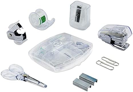 Produtos LD Clear Mini Office Supply Kit Portable Case com tesoura, clipes de papel, dispensador de fita, apontador de lápis,