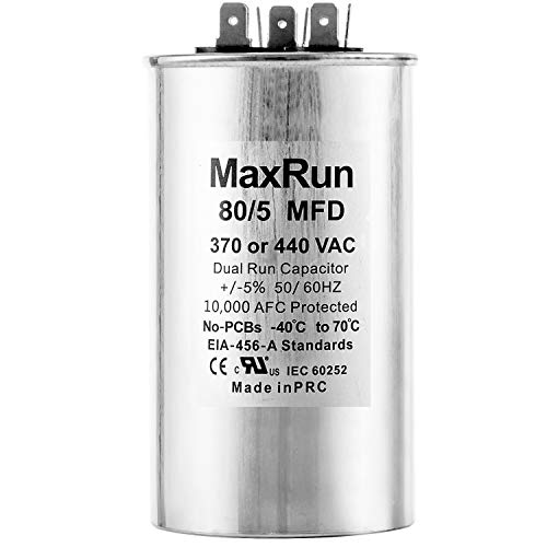 Maxrun 80+5 MFD UF 370 ou 440 VOLT Vac Motor redondo Capacitor de execução dupla para condenador de ar condicionado CA - 80/5 UF