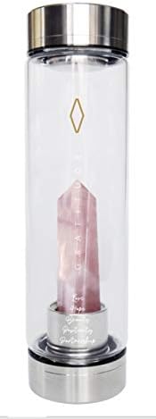 Garrafa de água de cristal de quartzo rosa para cura, bem -estar, 15 onças. - Garrafa de água infundida com cristais grandes, manga