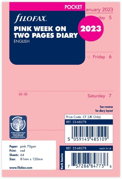 Filofax Pocket Week em duas páginas em inglês 2023 diário - rosa