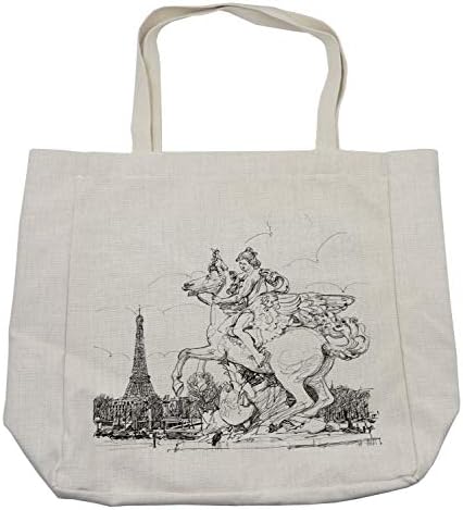 Bolsa de compras antigas de Ambesonne, paisagem da cidade européia France Historical Horsed Horse Eiffel Tower Print, bolsa reutilizável