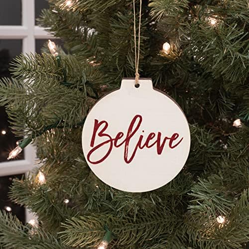 P. Graham Dunn Believe Script White Circle 3 x 3 Overlay Wood Wonding Christmas Ornament