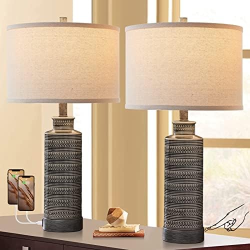 Conjunto de 2 luminárias de mesa de fazenda para a cabeceira do quarto, lâmpada de cerâmica de toque de 3 vias com