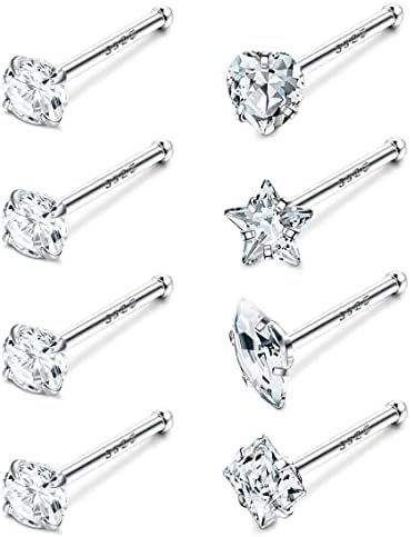 Milacolato 8pcs 20g Sterling Silver Nariz Rings Studs para homens homens estrela marquise coração quadrado redondo em forma de cz cz rão