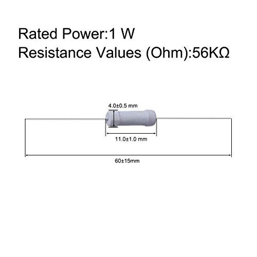 UXCELL 50PCS 56K OHM Resistor, 1W 5% Tolerância Resistores de filmes de óxido de metal, chumbo axial, prova de chama para projetos