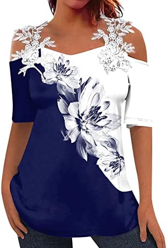 XPIGPQ SUMMER TUNICA DE TUNCA DE ombro frio Womens elegante e renda floral de manga curta camisetas