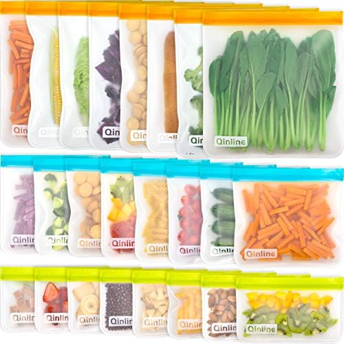 Qinline reutiliza sacos de armazenamento de alimentos - 24 pacotes BPA Bolsas de congelador grátis para lancheira de reusbale extra grossa para fruta de salada