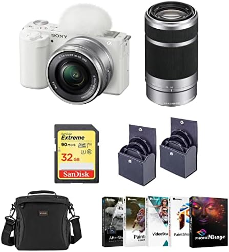 Câmera Sony ZV-E10 sem espelho com lente de 16-50 mm, branca com E 55-210mm f/4.5-6,3 lente de montagem ES es, pacote com PC Photo & Video Editing Suite, cartão de memória SD de 32 GB, bolsa, Kit de acessórios