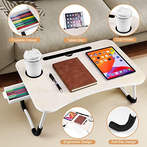 TYC LAP Desk com gaveta de armazenamento, mesa de cama de laptop portátil com pernas dobráveis ​​e porta -copos, bandeja