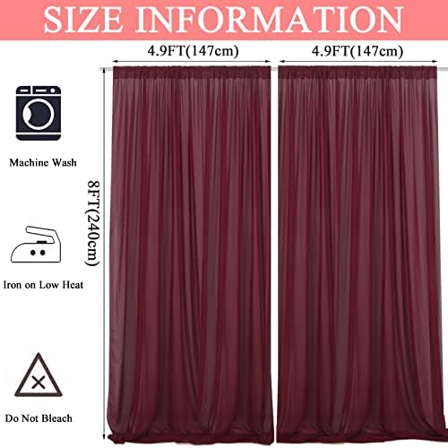 FUHSY PEQUENA CORTINAS DE CATURAS BORRGONDY cortinas de chiffon 10 pés por 8ft cortinas de tecido Voile 2 painéis cortinas