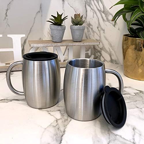 Canecas de café isoladas de aço inoxidável Conjunto de xícaras de café de 2 - parede dupla com tampa resistente a derramamentos e alça forte, xícaras à prova de quebra para bebidas frias e bebidas quentes, uso interno e externo