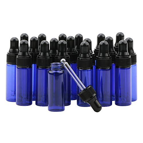 5ml 1/6 oz de gotas de conta -gotas azuis com gotas de vidro cônico, pacote de 20 frascos de viagem portáteis de óleo essencial perfume