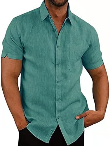 Camisa de botão casual masculino de manga comprida camisa de linho de algodão verão escapado de colarinho de férias de férias de praia