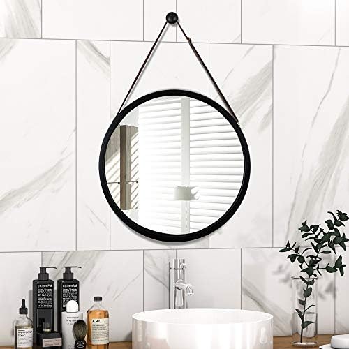 Espelho redondo de parede redonda- círculo preto de 18 polegadas Mirror Bamboo Frame com tira de couro pendurada ajustável para