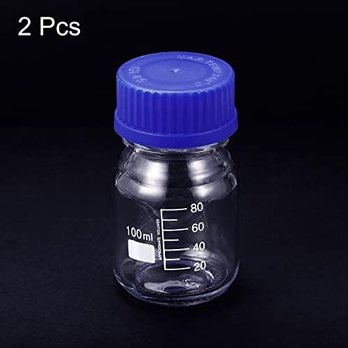 Patikil 100ml Reagent Media Bottle, 2pcs redonda de tampa de parafuso azul de armazenamento de vidro graduado para o Laboratório de Química Home, Clear