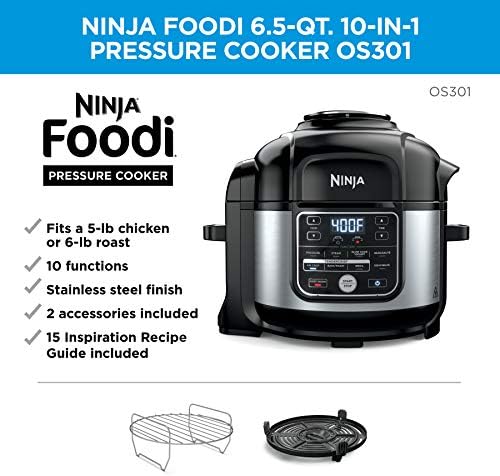 Ninja OS301 Foodi 10 em 1 panela de pressão e fritadeira com ninho de grelhar, 6,5 litro, aço inoxidável