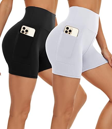 OBFUN TRABALHO SHORTS para mulheres 2 pacote 5 /8 Tummy Control Biker shorts com bolsos na cintura alta para ciclismo de ginástica de ioga