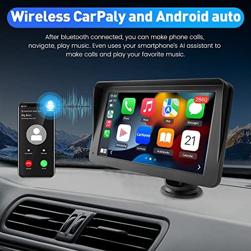 Portátil carro estéreo sem fio Apple CarPlay Android Auto, tela sensível ao toque de 7 polegadas de 7 polegadas Rádio Multimídia