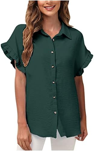 Camisas de verão femininas Camisas curtas Crepe lapela de capela solta tops de ajuste botão para baixo blusa de cor sólida