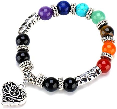 7 pulseira de chakra, miçangas coloridas de 10 mm de ioga Balance de cura pulseira de pulseiras de coração de prata para mulheres meninas