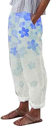 Calça palazz de perna larga feminina com linho de algodão com estampa de flores calças de linho de ajuste solto para o verão com bolsos
