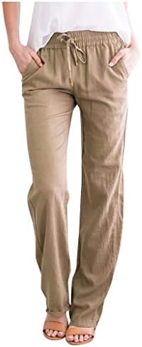 Calças de linho de algodão dsodan para mulheres, cordas elásticas de cintura alta de verão calças de moda confortável com bolso