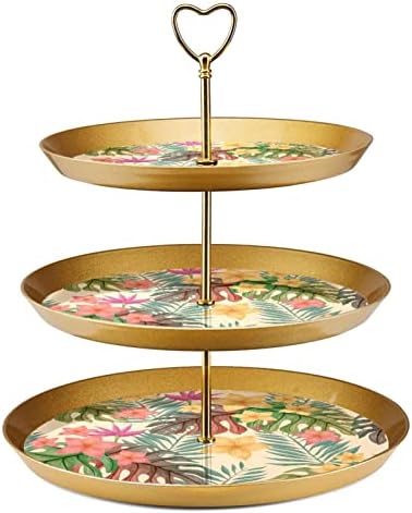 3 Placa de fruta de cupcakes de 3 camadas de sobremesa Plástico para servir suporte de exibição para casamento de aniversário Decorações de chá de chá de chá de bebê redondo, flores tropicais