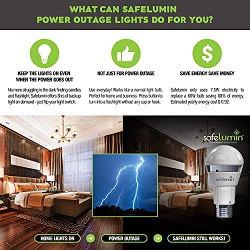 SafeLumin SA19-800U27 Lâmpadas recarregáveis ​​de 4pk - luzes de emergência para falha de energia para casa - funciona como lâmpada normal da lâmpada LED e backup de bateria de 3hrs, UL 100-240VAC 60W equivalente 800lm