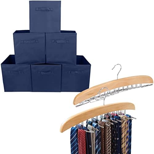 EZARARE 2 Pacote Cinturão de gravata de madeira 24 Cabines de clipes + conjunto de 6 caixas de cesta de tecido dobrável