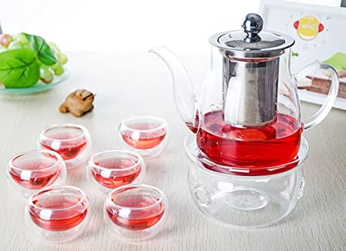 Prettyard Tea Conjunto- Tule de vidro com infusador de aço inoxidável +mais quente +6 mini canecas de chá