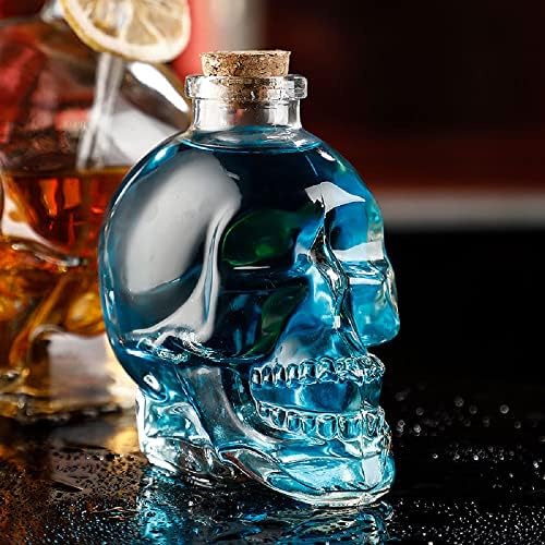 Useekril Skull Decanter 750ml Crystal Glass Skull Bottle garrafa de uísque de uísque de bourbon, com rolha de madeira, funil de