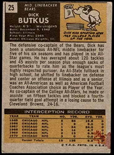 1971 Topps 25 Dick Butkus Chicago Bears Fair Bears Illinois